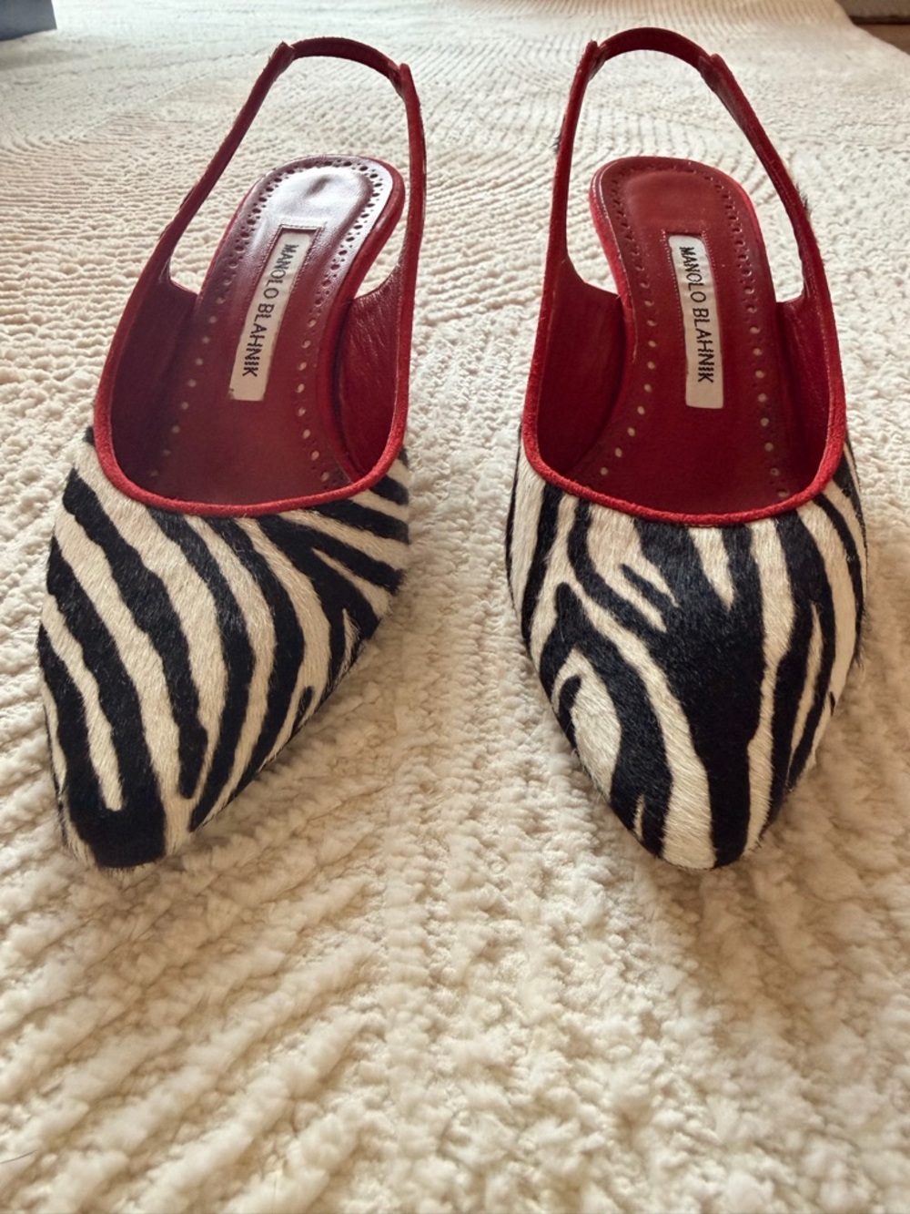 Vintage Manolo Blahnik Black-and-White Ponyhair Slingback Pumps with Red Trim - Picture 2 of 9